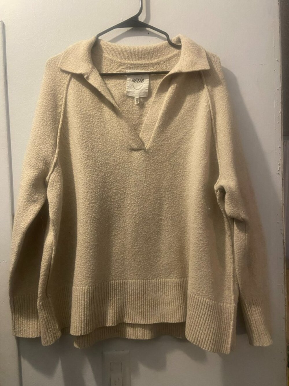 Aerie Cozy Up Oatmeal Waffle Knit Polo Sweater Oversized S - Picture 2 of 5